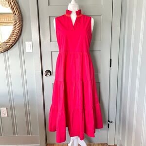 NWT Crown Ivy Coral Vivid Tiered Midi Dress XL Sleeveless Mock Neck Ruffle Trim